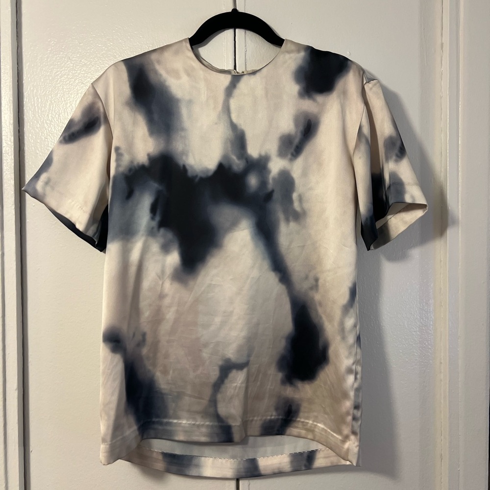 Watercolor Satin Zipper-Back Blouse